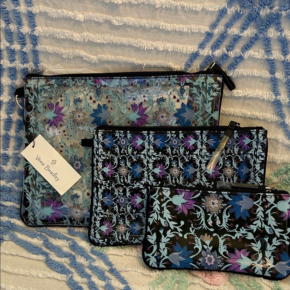 Vera Bradley Floral Vinyl Cosmetic Pouch Set in Teal, Blue & Purple